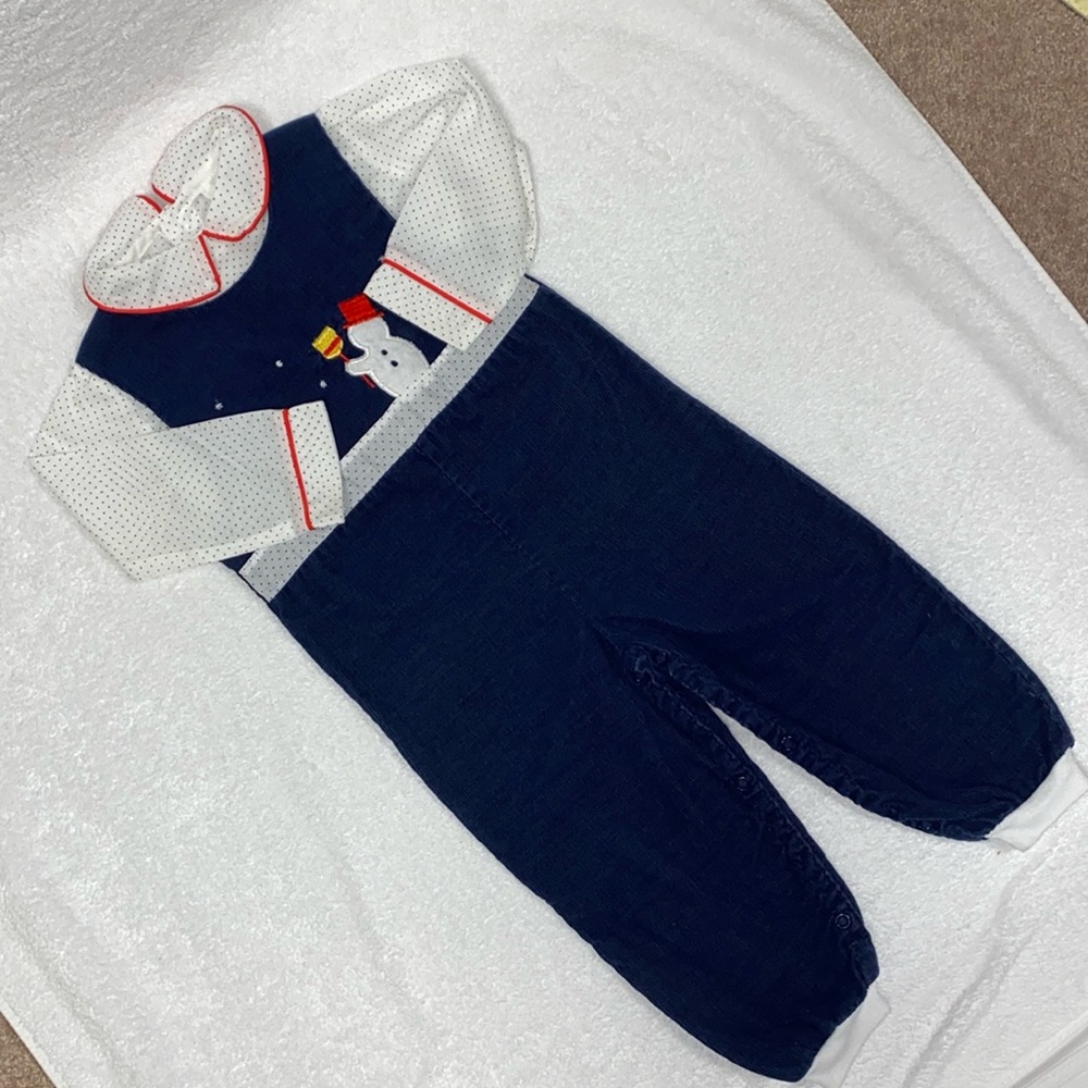Vintage little bitty Navy corduroy snowman overalls and polka dot top 24m